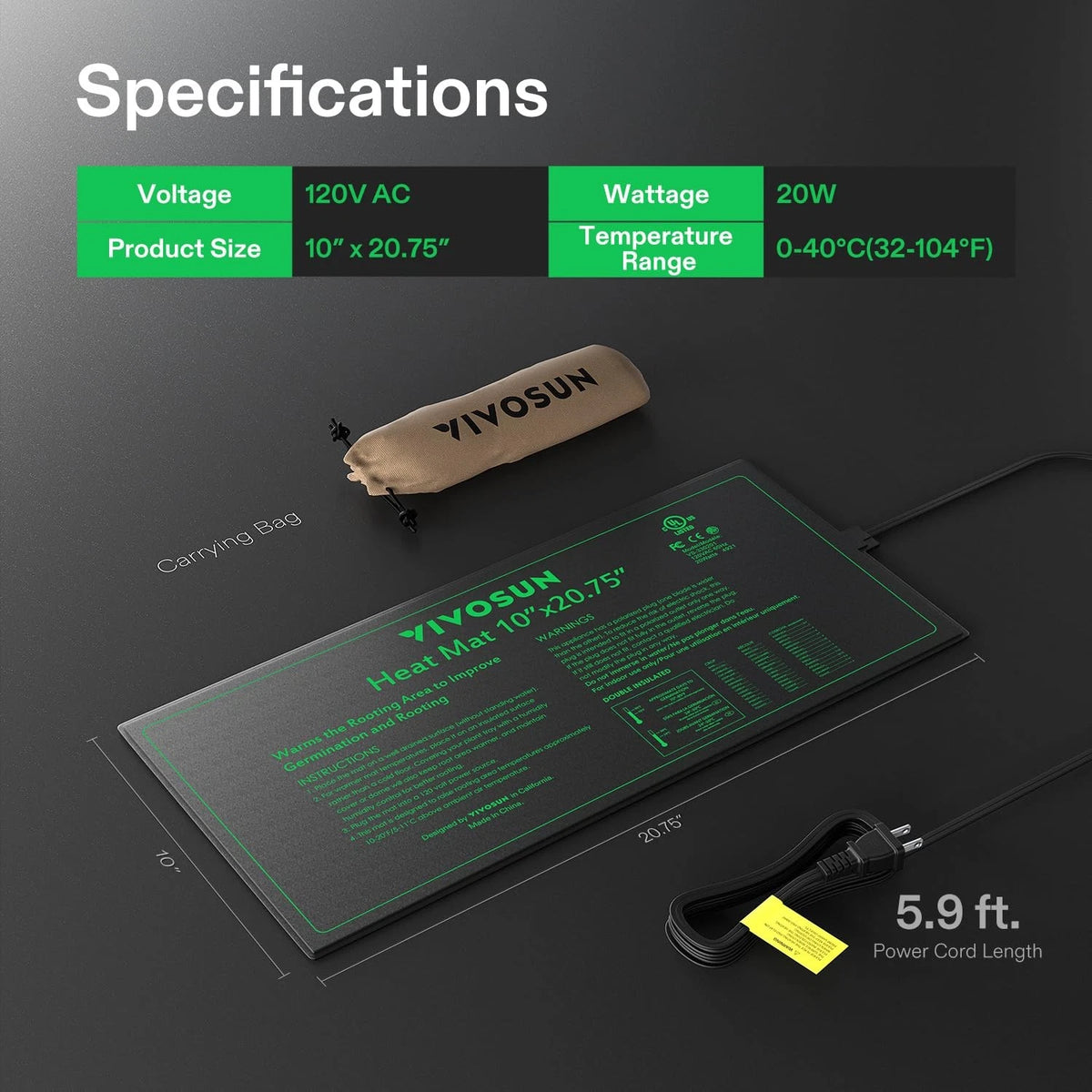 VIVOSUN Durable Waterproof Seedling Heat Mat 10" x 20.75" 10"x20.75", Black