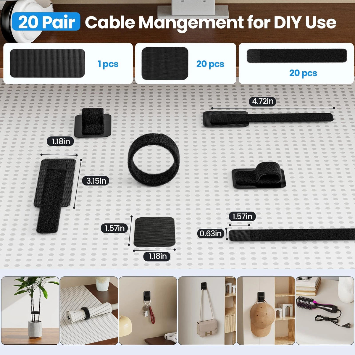 Cable Management Under Desk, 【Up to 15 Cord】【Enhanced Wire 20 Pair, Black