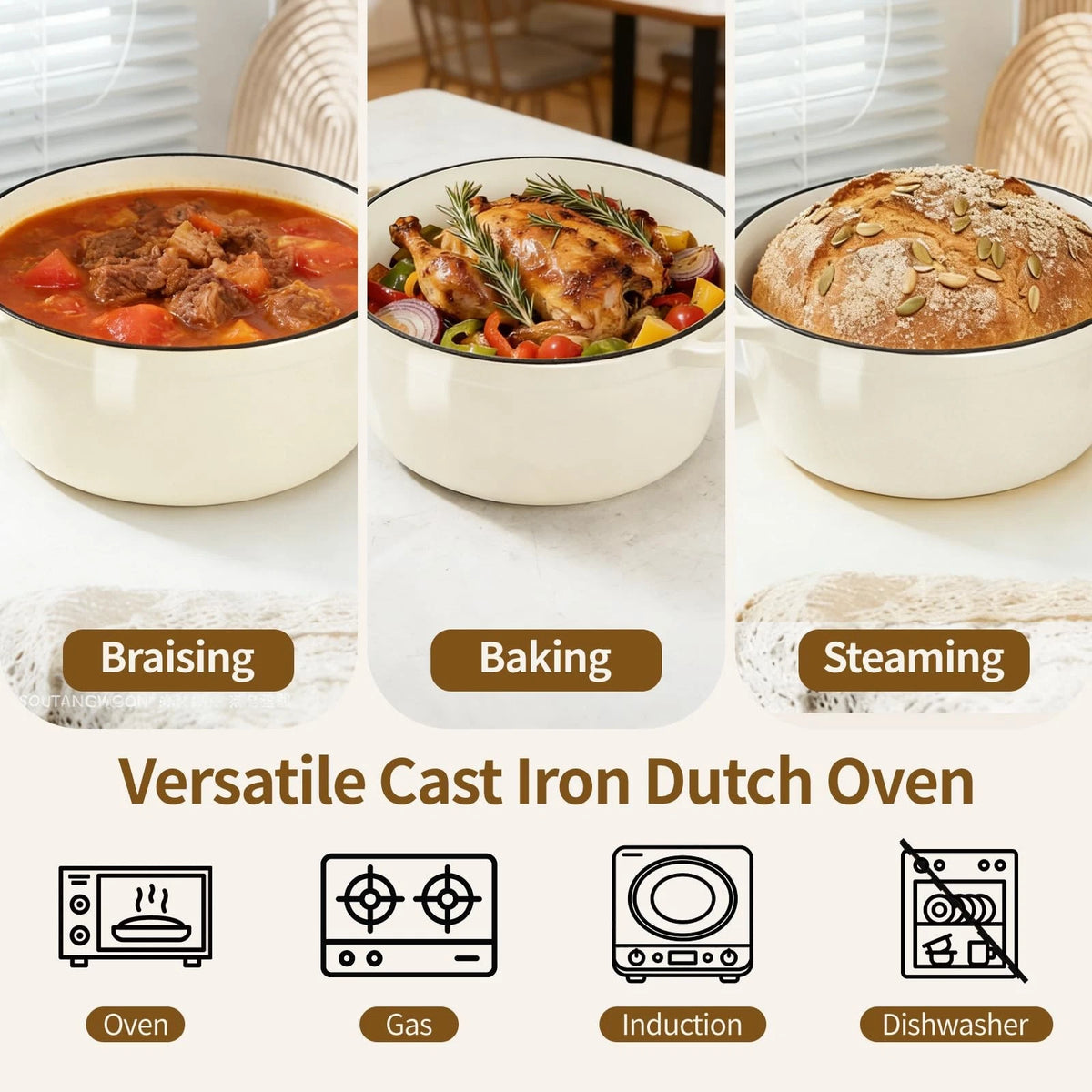 Blingco Enameled Cast Iron Dutch Oven pot 6.5 QT with Lid 6.5qt, Cream White