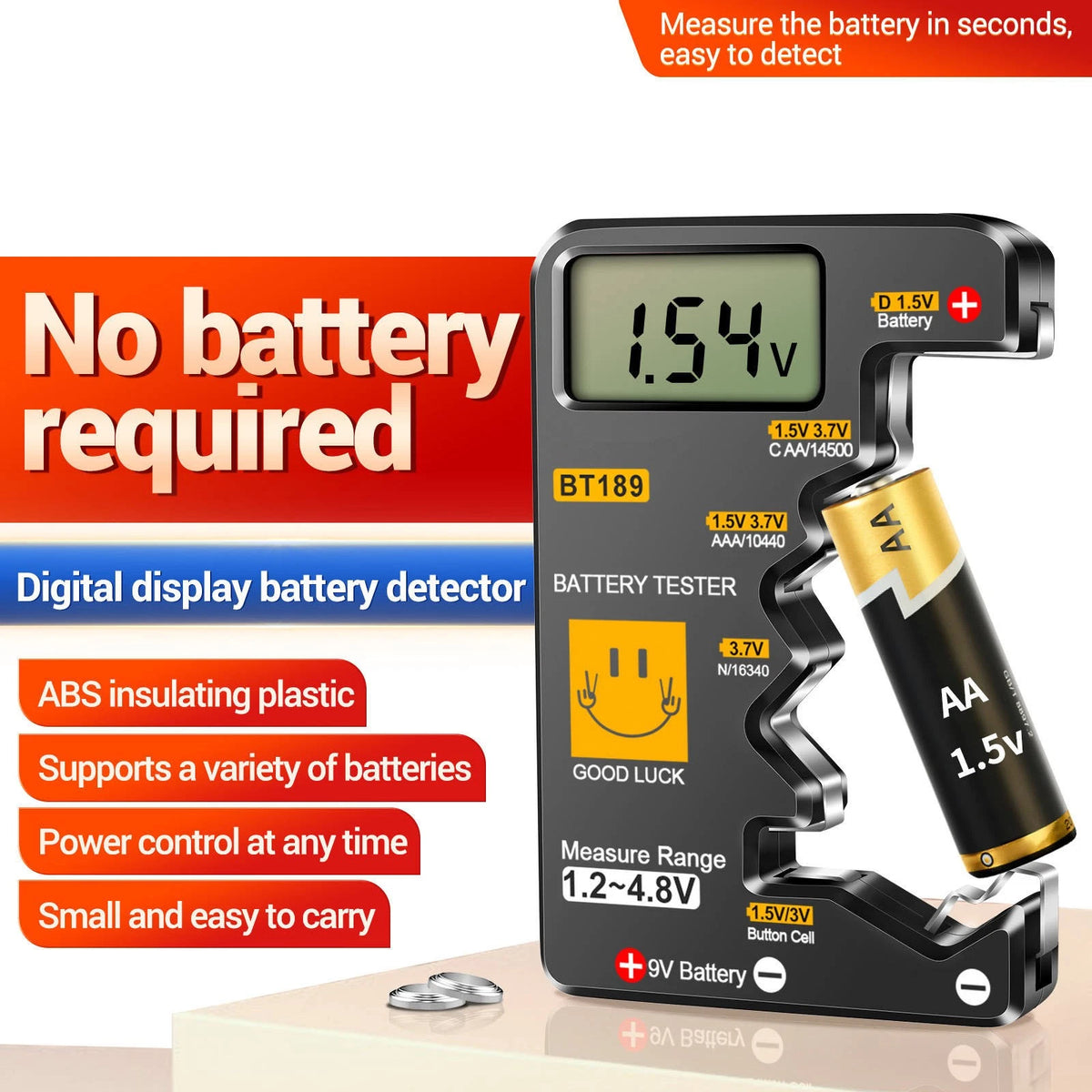 Lightweight Battery Tester Tool For 1.2V 3.7V 9V Cylindrical Button Cell Box