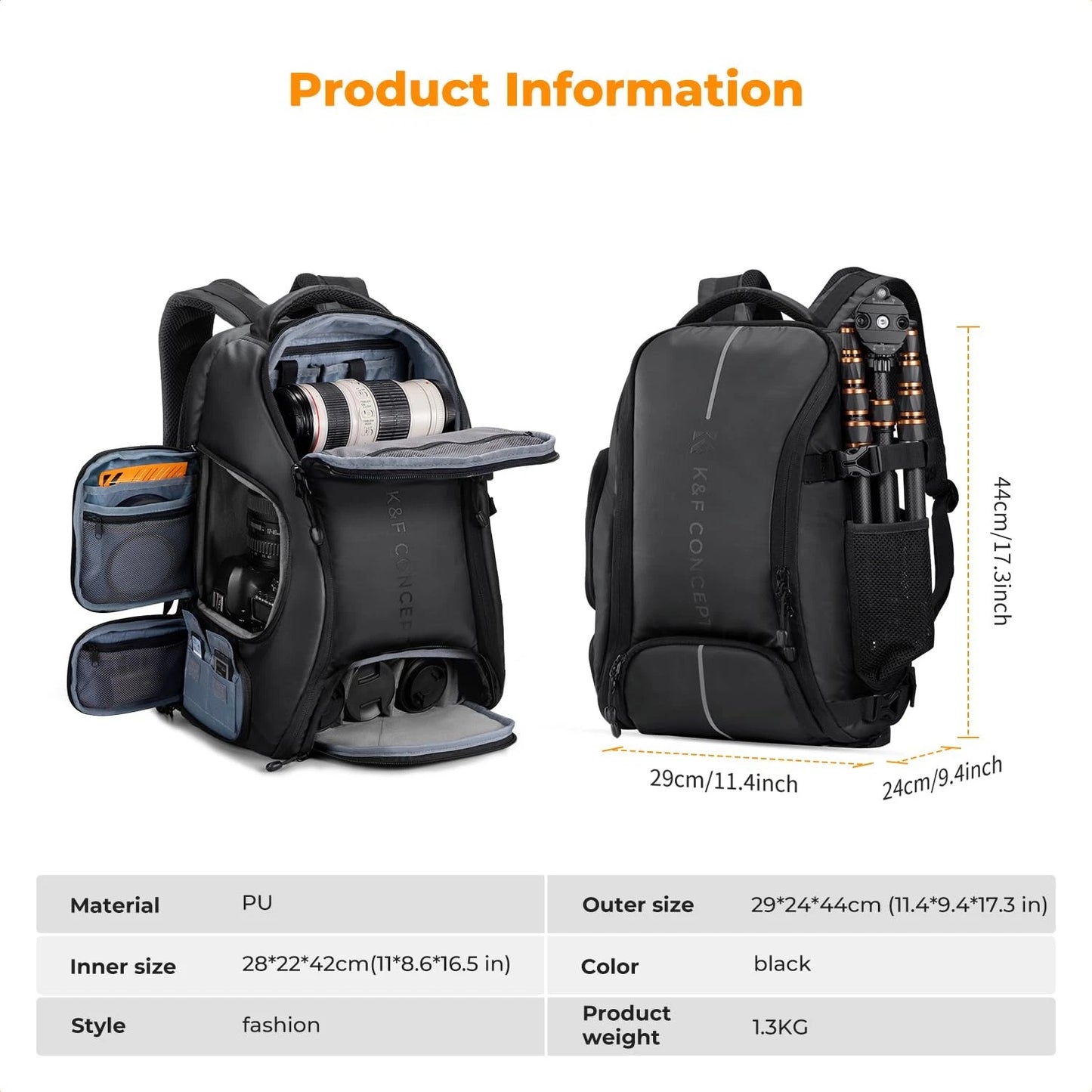 K&F CONCEPT Camera Backpack,25L Large Capacity Bag 25L, 02-all-black