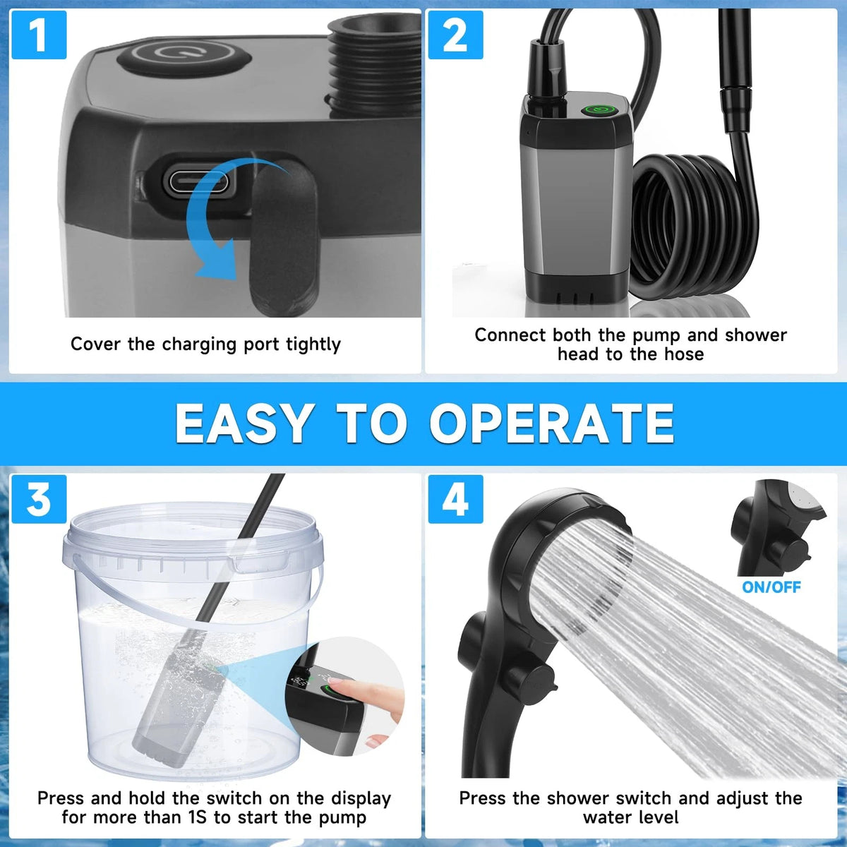 vignuto Portable Shower for Camping, Rechargeable Camping 1 PACK, grey