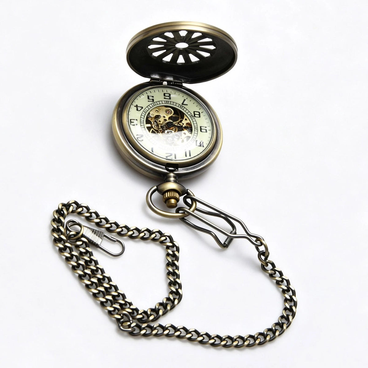 Classic Mechanical Black Steampunk Skeleton Pocket Watch with Chain For Men
