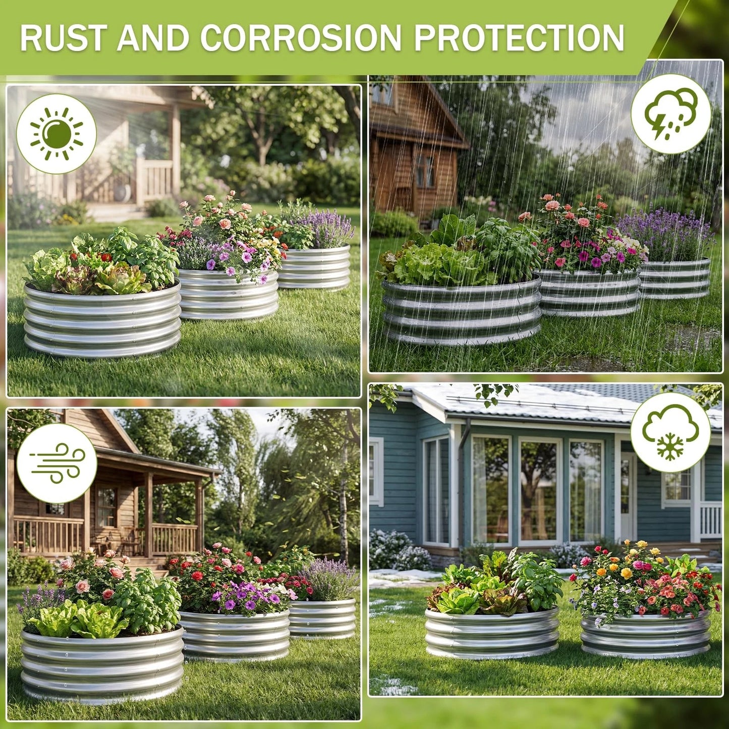 AHEONLAR 3Pack 2x2x1 ft Round Galvanized Raised Garden 2x2x1ft(3pack), Silver