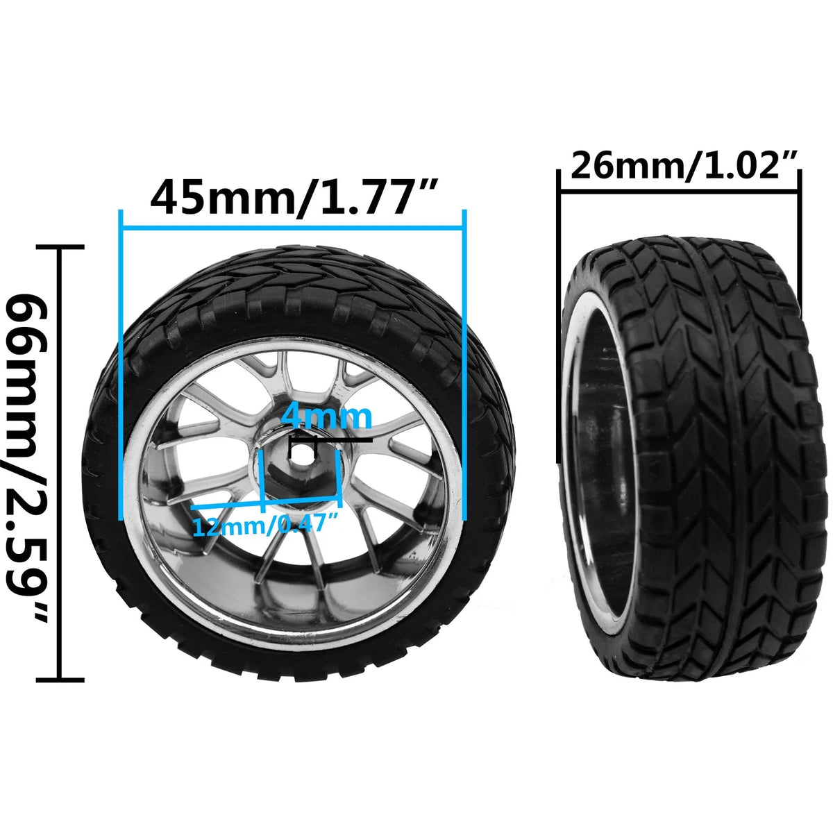 4Pack HIRCQOO 12mm Hex Plastic Wheel Rims & 2.59" Rubber 1/10 Scale, Yellow