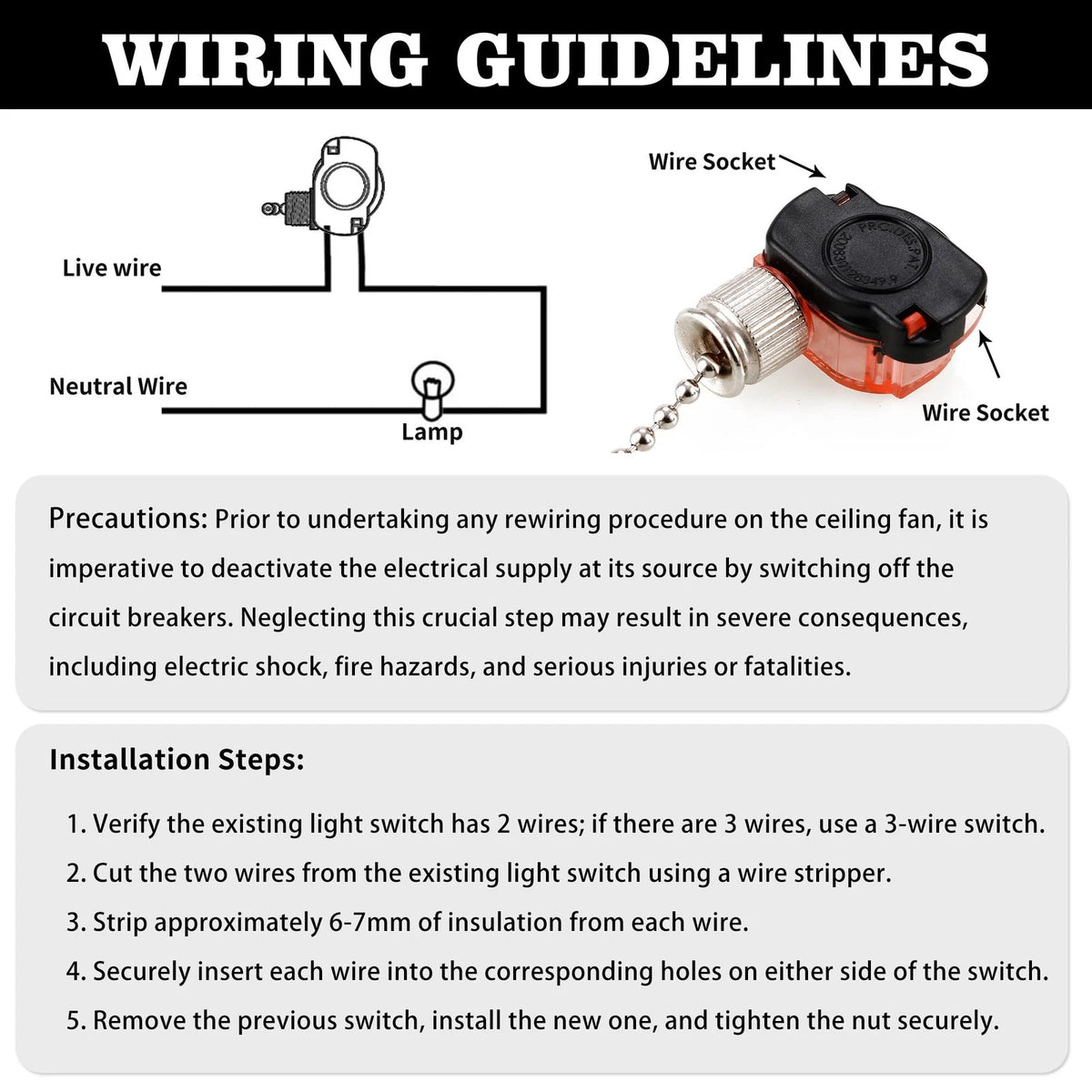 Hunter Ceiling Fan Light Switch E87438 - Pull Chain Switch, Two-Wire Brown