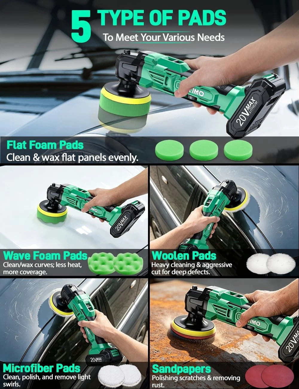 KIMO 20V Cordless Polisher, 24PCS Car Buffers & Polishers Kit 4 INCH, Green
