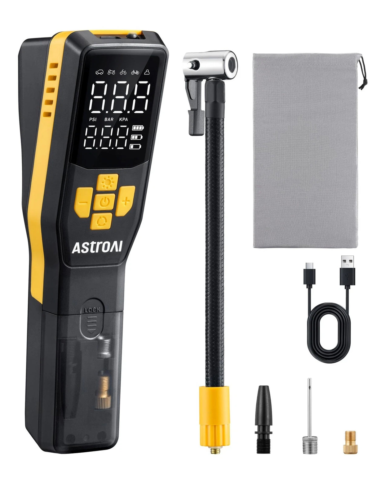 AstroAI 150PSI Electric Bike Pump with Gague, 30s Portable, Black and Yellow