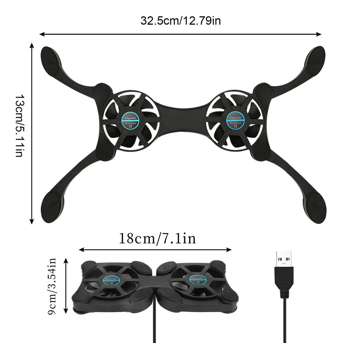 Dual USB Fan Cooler Pad for Laptop 7-15 Inch Adjustable Foldable Arms Low Noise