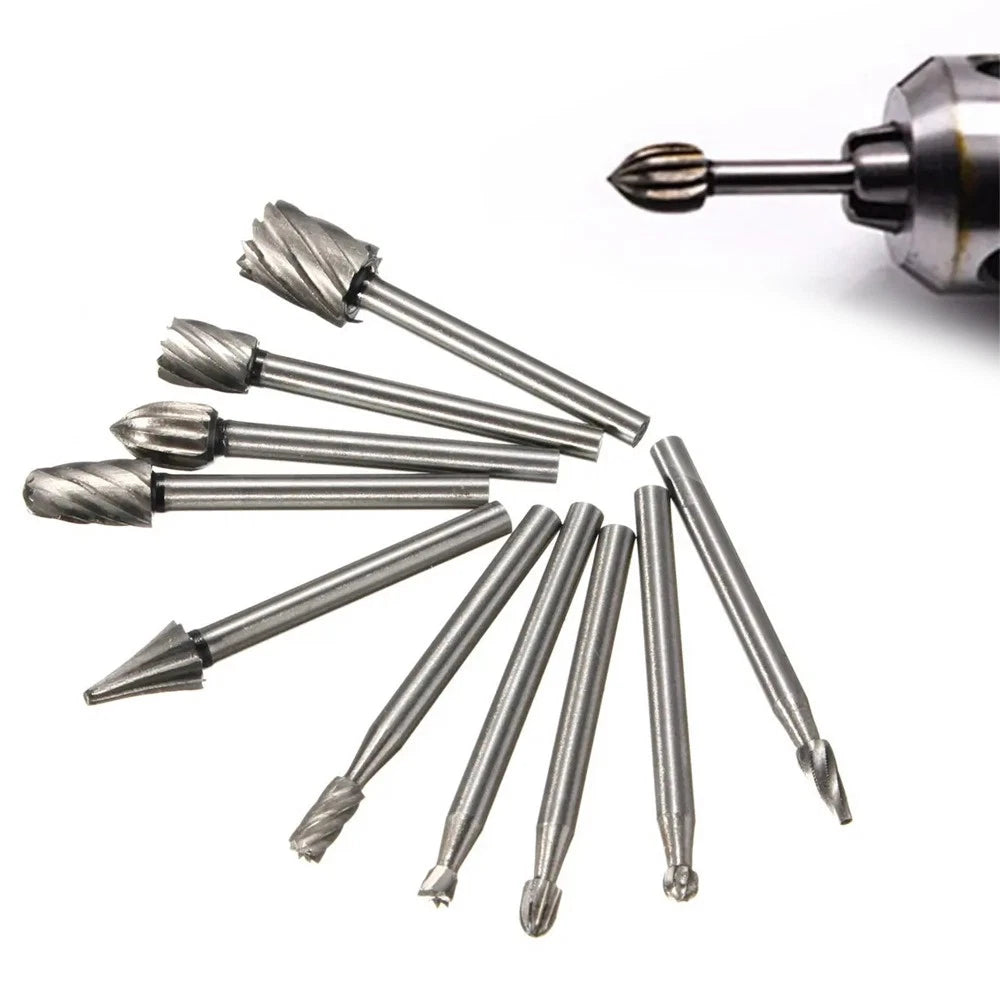 10Pack 1/8in Shank HSS Rotary Burr File Rasp Drill Bits For Wood Stone Carving