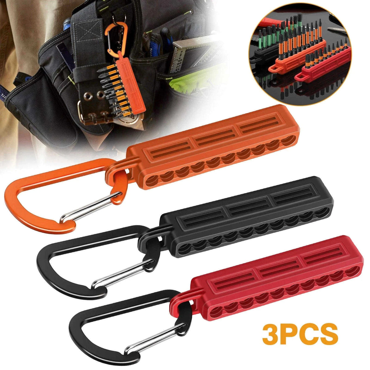 3x 1/4" Hex Bit Holder Storage Rail Power Drill Bit Organizer With Carabiner