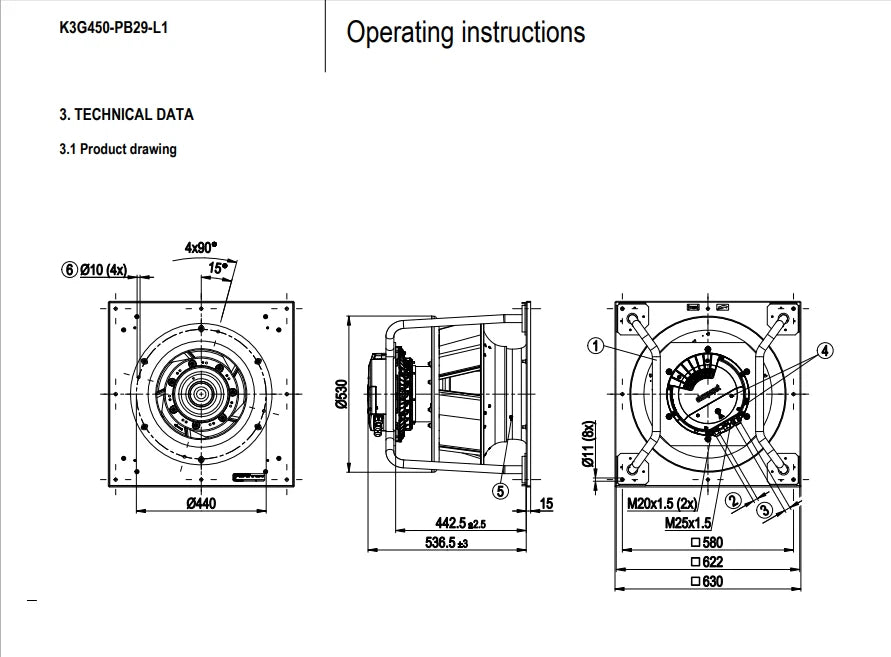 Ebmpapst K3G450-PB29-L1 Cooling Fan AC 400V 6800W ??450MM EC AHU Centrifugal Fan