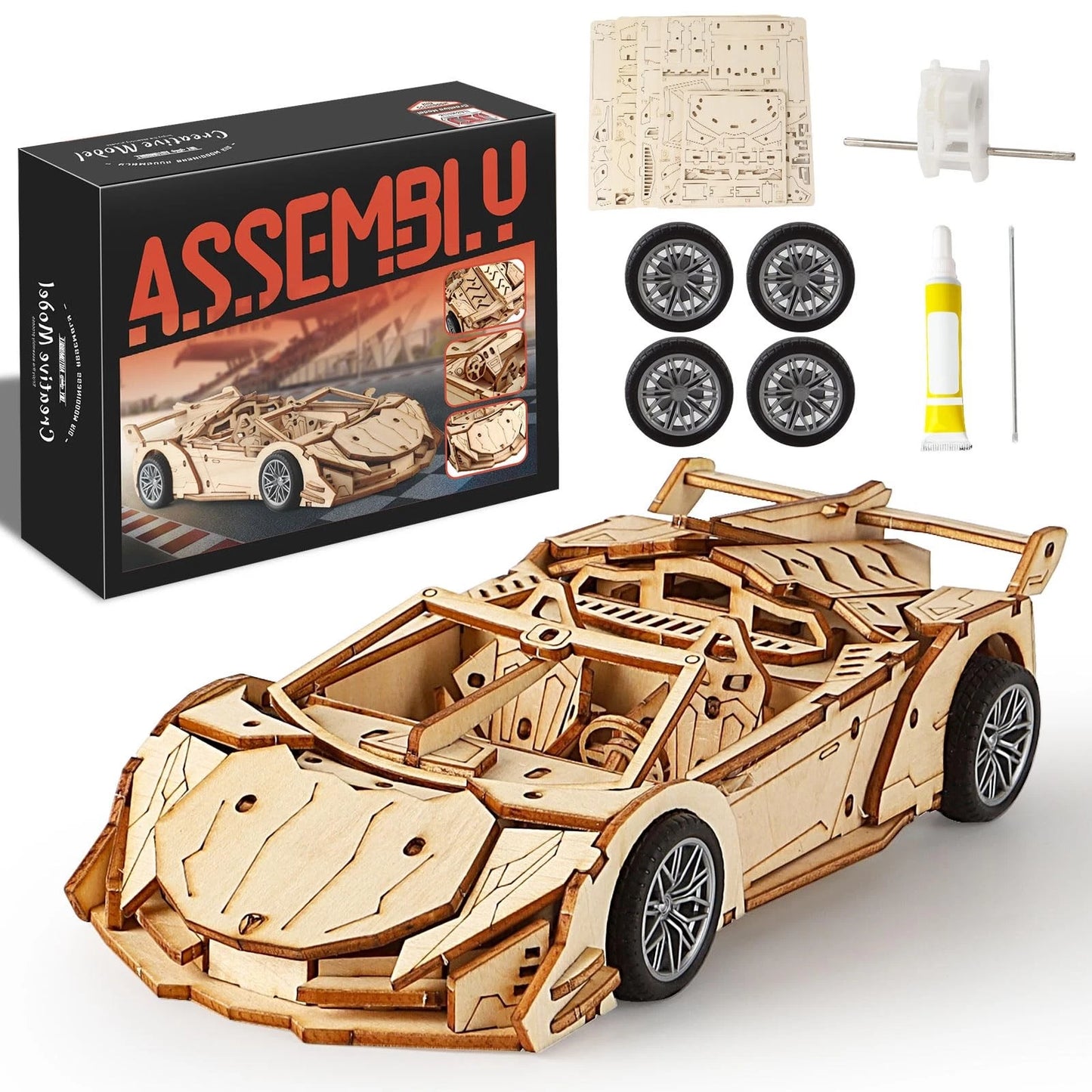 MOCBURIKU 3D Wooden Puzzles for Adults Roadster, Normal, Wood Color