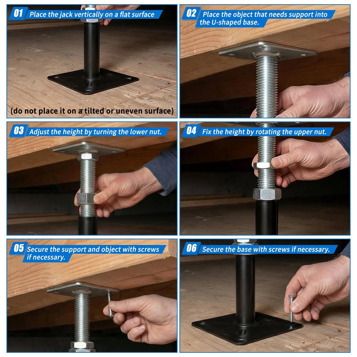 Adjustable House Floor Jacks, Post 8" - 12" Black