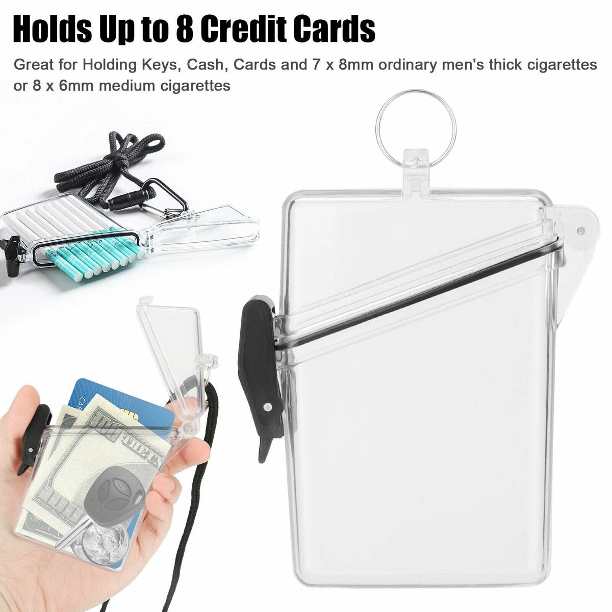 1*Waterproof ID Card Clear Holder Hard Case Plastic Protector With Lanyard