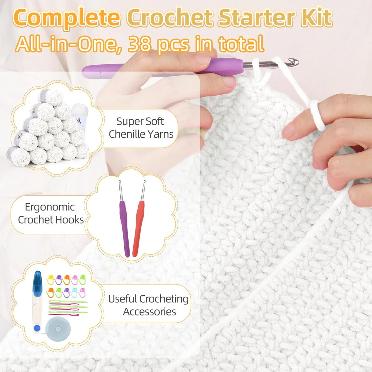 Aeelike Crochet Blanket Kit for Beginners, Easy Soft Kit, Pure White