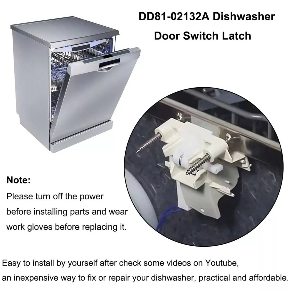 Upgraded DD81-02132A Dishwasher Door Latch For Samsung DW80K5050UB/AA-00