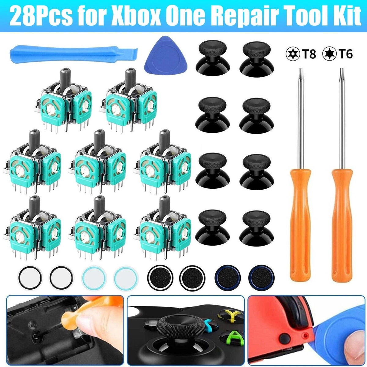8x Analog Stick Set for Xbox One Controller Repair with Thumbstick Caps & Tools