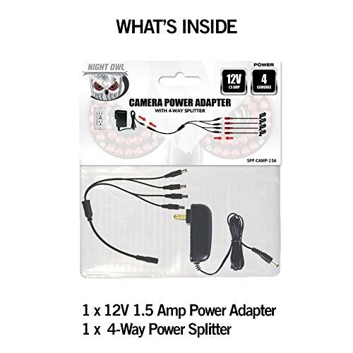 Night Owl Security Camera Power Adapter with 4-Way Splitter black