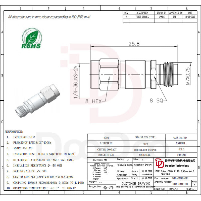 Duoduo Technology 2.4/2.92-KJG RF Adapter, 2.4mm Female to 2.92mm Male Series, Precision Type DC-40G DT0-3M4F-EH, 1 unit