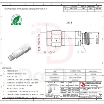 Duoduo Technology 2.4/2.92-KJG RF Adapter, 2.4mm Female to 2.92mm Male Series, Precision Type DC-40G DT0-3M4F-EH, 1 unit