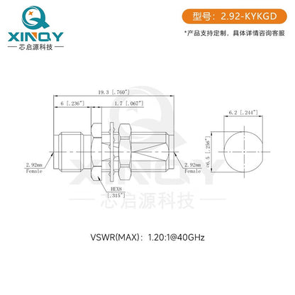 XINQY Millimeter Wave High Frequency Panel Mount Adapter, 2.92mm 40G Threaded Through-Wall Mounting Head, Threaded Fixing Operating Frequency 0-40GHz
