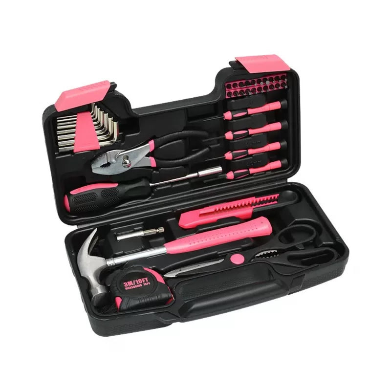 39Pcs Pink Household Hand Tool Kit, Hardware Repair Tool Box with Hammer Pliers Screwdriver Tape Measure Scissors for Home DIY [2]