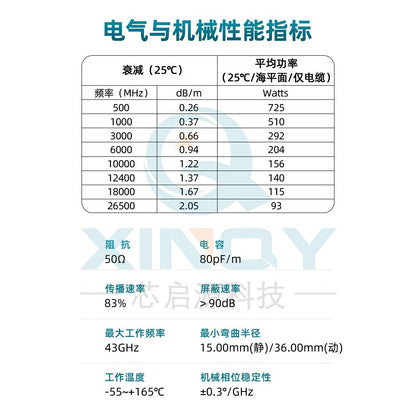 XINQY 26.5G Low-Loss RF Cable, SMA/3.5 CXN3507 Coaxial Connector, Phase Stability Test Cable Assembly, SMA Male to SMA Female; 1.5m