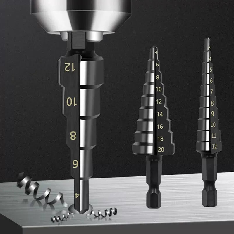3Pcs HSS Straight Groove Step Drill Bit 3-12mm 4-12mm 4-20mm Nitride Black Hex Wood Metal Hole Cutter Core Drilling Tools Set [2]