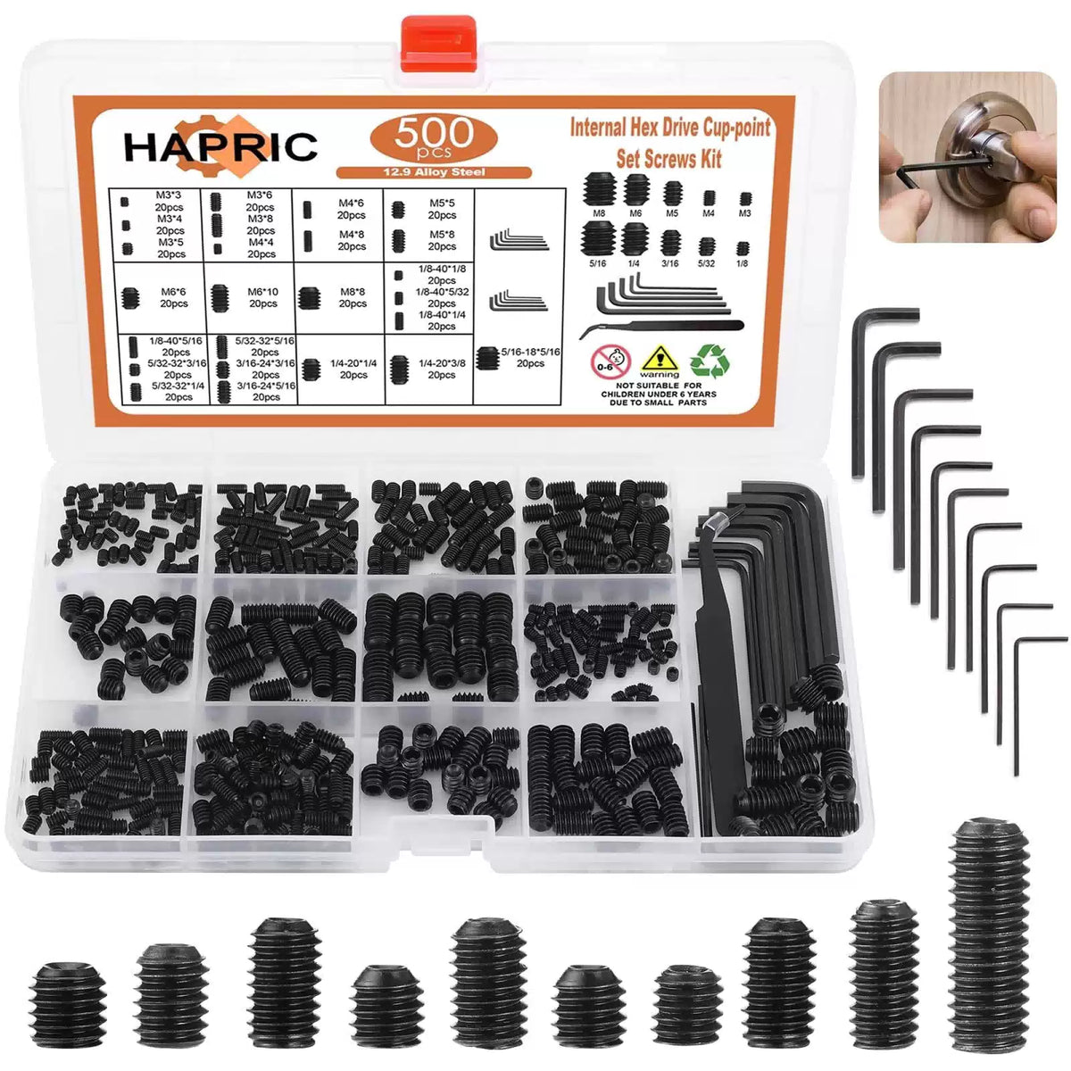 500 Pcs 25 Size Set Screws M3-M8, 1/8-40 to 5/16-18, Black-Metric&SAE-500 [1]