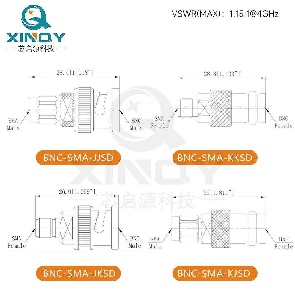 XINQY BNC/SMA Coaxial Adapter 4G BNC to SMA Female/Male Q9 Adapter for Spectrum Analyzers BNC Female to SMA Female BNC-SMA-KK/5 pieces
