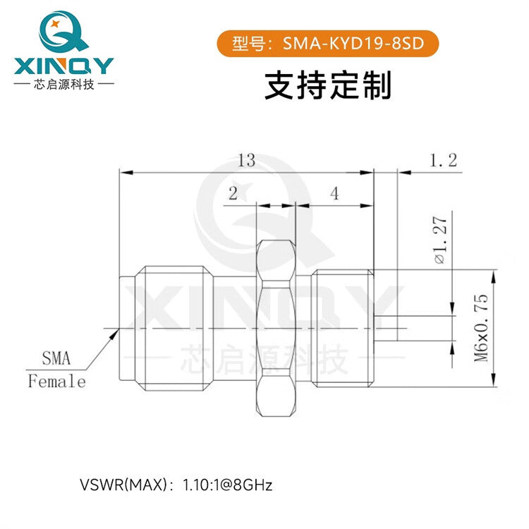 XINQY SMA-KYD Connector 8GHz Threaded Antenna Fixed Cavity Chassis Female Connector M6*0.75 SMA Female - 18GHz/5 pieces