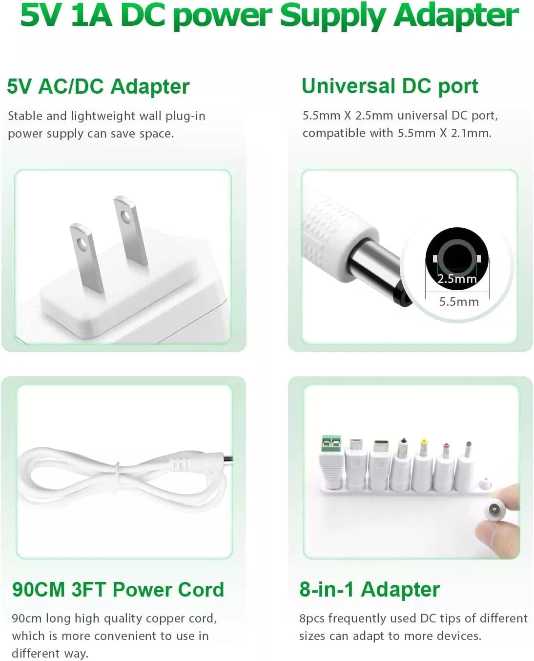 5V 1A Power Supply Adapter Arkare DC Cord AC 100V-240V 1A, White [2]