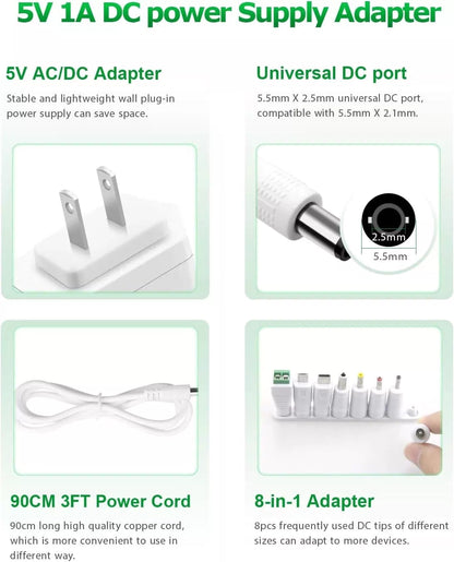 5V 1A Power Supply Adapter Arkare DC Cord AC 100V-240V 1A, White [2]