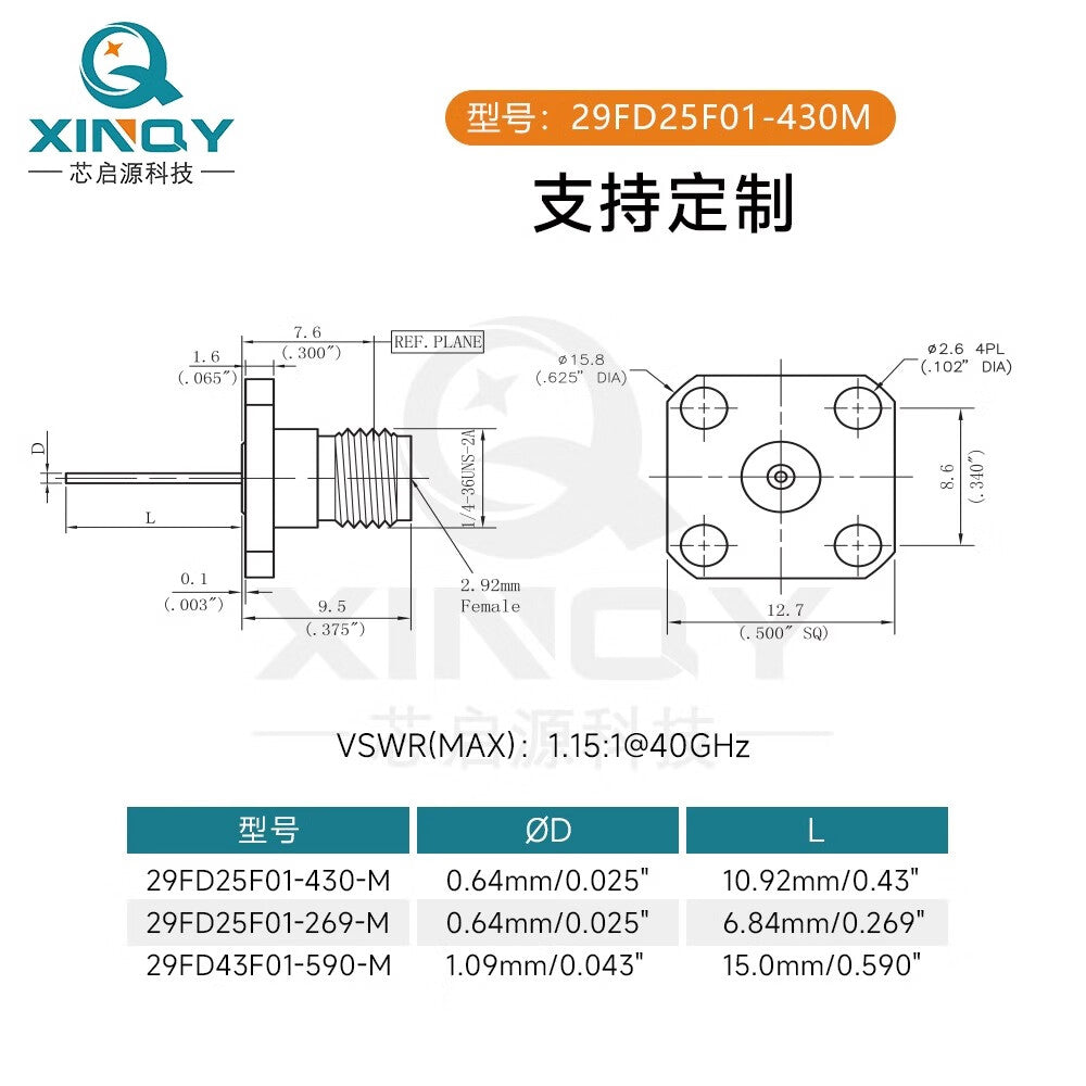 XINQY 2.92-KFD Coaxial Connector 40G Copper Wire Through-Wall Connector Four-Hole Fixed Connector Air Wire 29FD25F01-590-M