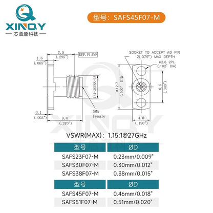 XINQY detachable pin RF connector panel mount SAFS38F07-M, 0.38mm diameter, 2 pieces, without glass insulator.
