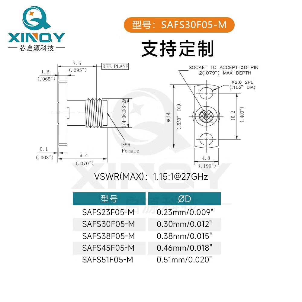 XINQY SMA-KFD RF Connector 27G Cavity Module Glass Bead Pin Panel Solderless Connector SAFS45F05-M (Pin Diameter 0.46mm)/2 pieces