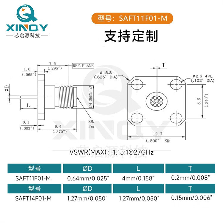 XINQY 4-hole flange 27G RF connector, SMA circuit board test fixture connection female, KFD fine pin tip, flat pin, lead length 4mm (with grounding ring) / 5 pieces