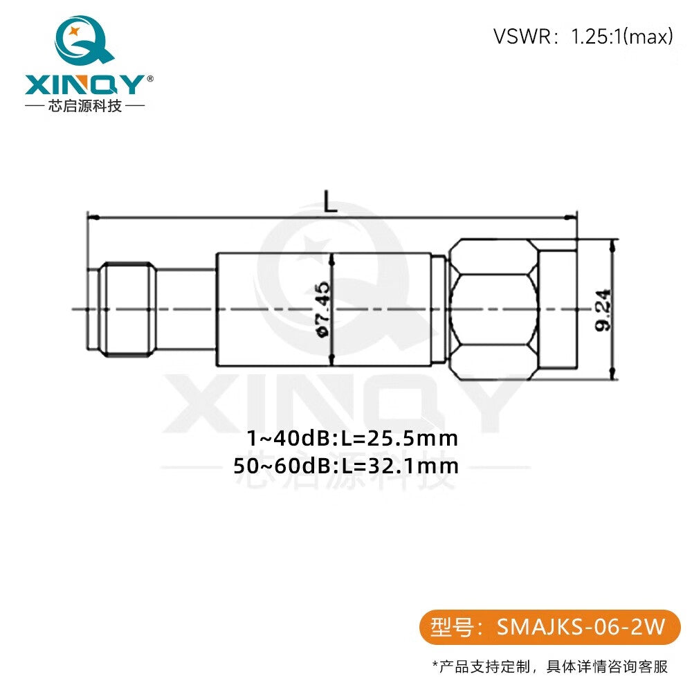 XINQY 6G RF Attenuator SMA 2W 1-60dB Power Attenuator 20/30/40/50 dB 5W (with heatsink); DC-8GHz; 10dB Attenuator