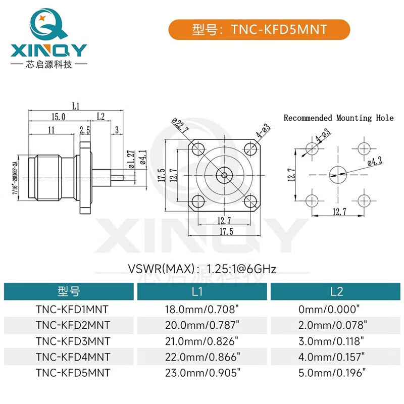 XINQY RF Coaxial Connector 6G Waterproof/Dielectric Through-Wall Panel Mount Connector TNC-KFD1MNT/5 pieces