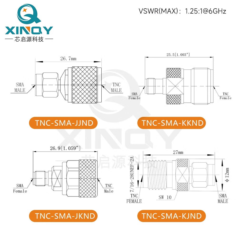 XINQY Coaxial Adapter RF Connector Conversion Head TNC Male to SMA Male TNC-SMA-JJ/2 pieces