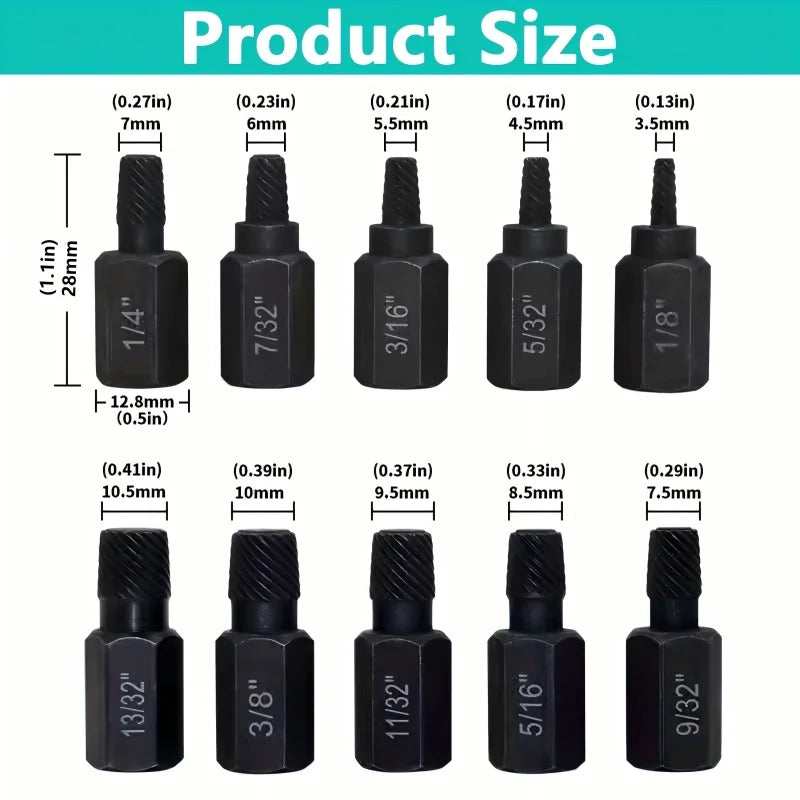 10Pcs Heavy Duty Bolt Extractor Set, Remove Broken Slipped Hex Screws & Fasteners, Durable Thread Removal Tools