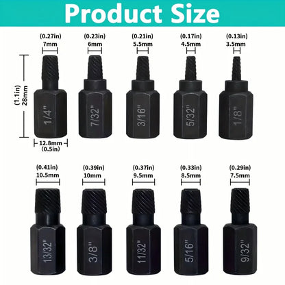 10Pcs Heavy Duty Bolt Extractor Set, Remove Broken Slipped Hex Screws & Fasteners, Durable Thread Removal Tools