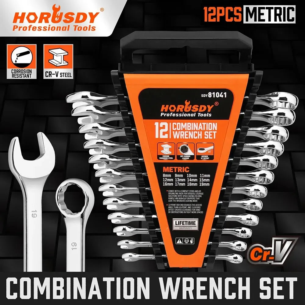 HORUSDY 12Pcs Metric Spanner Set Ring Open Ended Spanners CRV With Rack 8-19mm