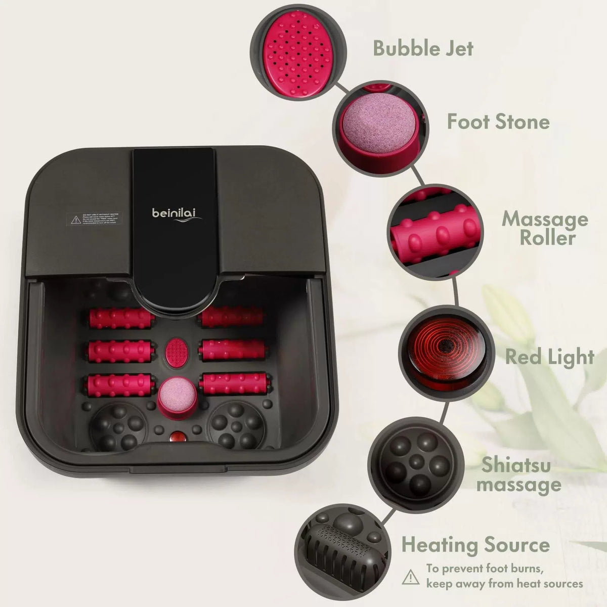 Beinilai Collapsible Foot Spa Bath with Heat,Bubble,Massage Rollers, Tea Pink [3]