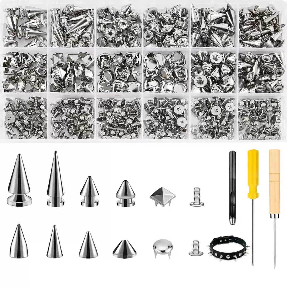 Craluuur 455PCS Punk Spikes and Studs Kit for Clothing, 12 Sizes silver [1]