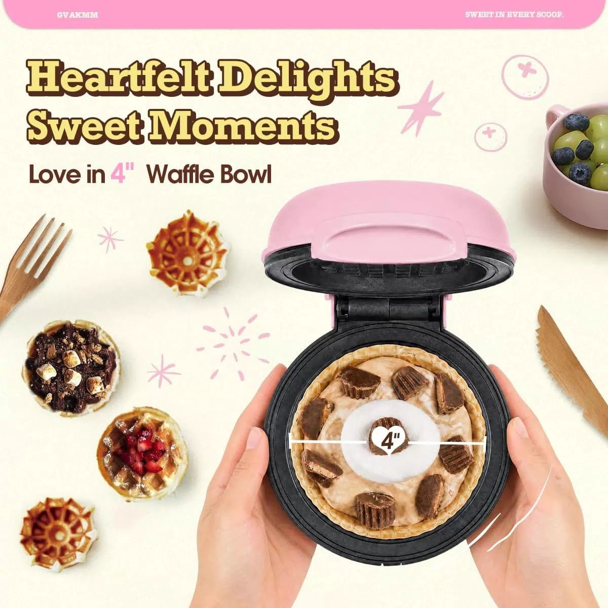 GVAKMM Mini Waffle Bowl Maker(Pink), 4'' Small Cup Machine mini, pink [2]