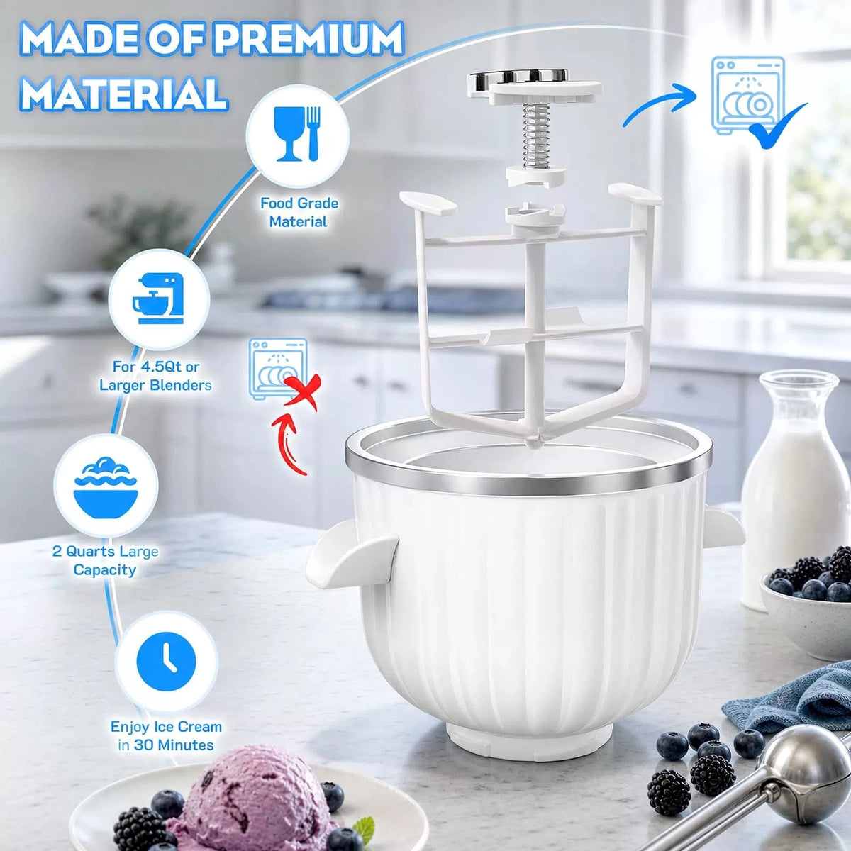 GVODE Ice Cream Maker Attachment for KitchenAid Stand Mixers 2-Quart, White [3]