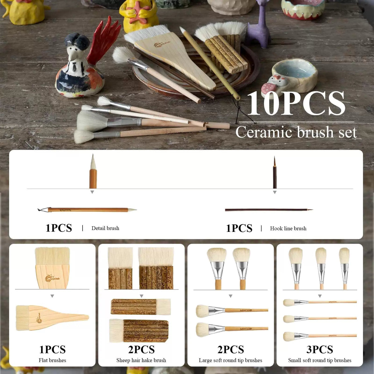 Glaze Brushes Pottery Tools,10 PCS Painting Ceramic Brush Set, 10pcs [7]