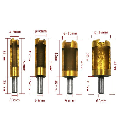 4Pcs Titanium Coated Shank Barrel Cork Drill Bit Plug Cutter Bored Hole Tenon Drills Hole Saw Arbors Woodwork Hole Opener Tools